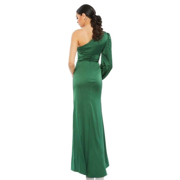 Mac Duggal 11251 Emerald Green One Shoulder Long Sleeve Draped Charmeuse Gown - Picture 2 of 7